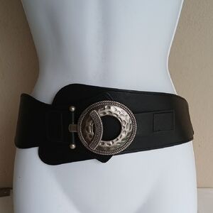 Black Wide Waist Belt with Decorative Silver Buckle